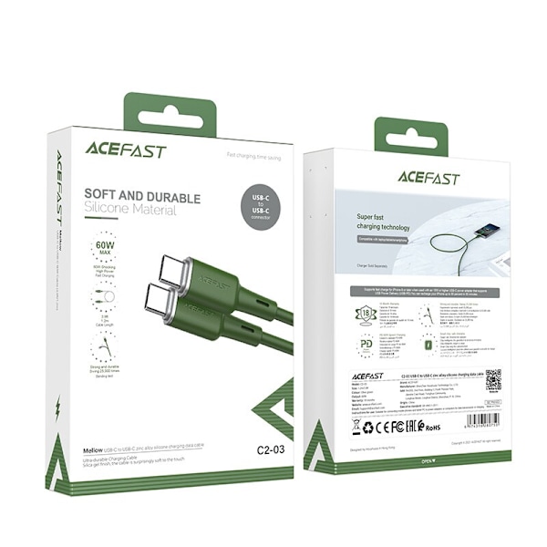 ACEFAST KABEL LANG STÆRK USB C - USB C 1,2M 60W (20V/3A) GRØN