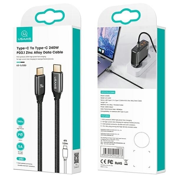 USAMS U82 flätad kabel USB-C till USB-C 1,2m 240W PD 3.1 Snabbladdning svart/svart SJ580USB01 (US-SJ580)