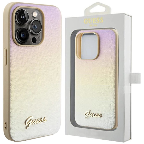 Guess Saffiano Iridescent Script-deksel til iPhone 15 Pro Max - Gull