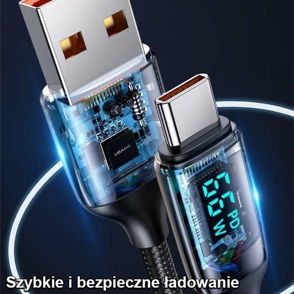 USAMS Flätad kabel U78 USB-C 1,2m LED 6A Snabbladdning svart/svart SJ544USB01 (US-SJ544)