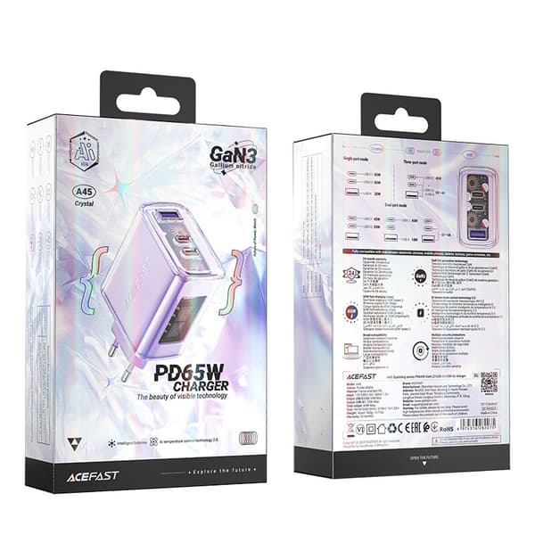 Acefast GaN-lader 65W 3 porter (1xUSB, 2xUSB C) lilla (A45)