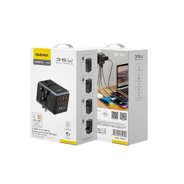 DUDAO A35PRO 35W EU / UK / AUS / US / JP REJSEADAPTER 3X USB-C 2X USB-A - SORT