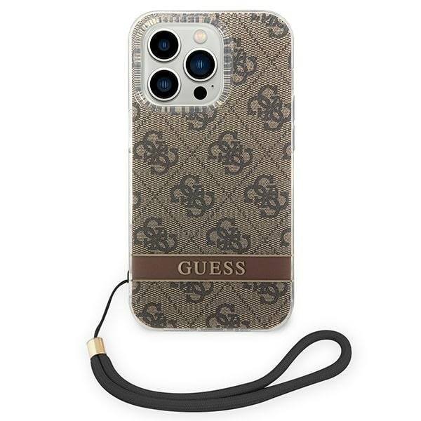 Gjett GUOHCP14LH4STW iPhone 14 Pro 6.1 brun/brun hardt deksel 4G-utskriftsrem
