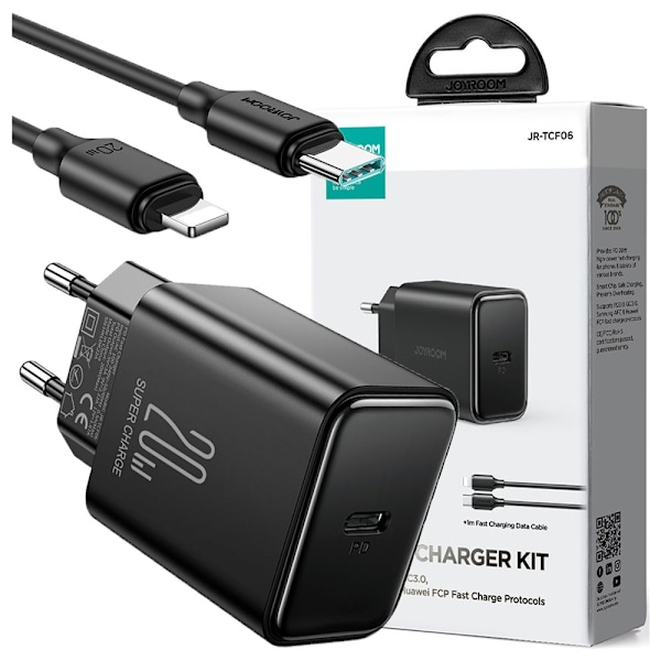 USB C 20W PD Joyroom JR-TCF06 lader med USB C - Lightning-kabel - svart