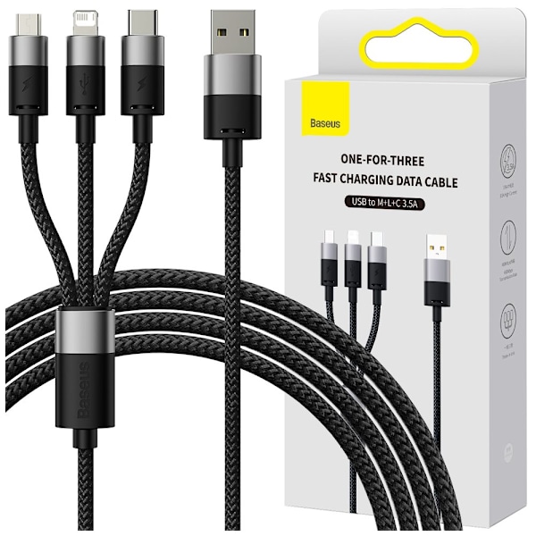 3-i-1 USB - mikro-USB / Lightning / USB C-kabel 3,5 A 1,2 m Baseus StarSpeed​​​​ - svart