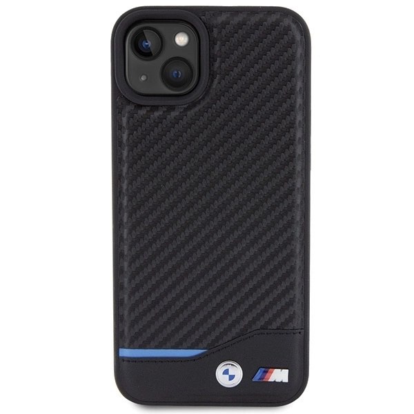 BMW LÆDER CARBON ETUI TIL IPHONE 15 PLUS - SORT