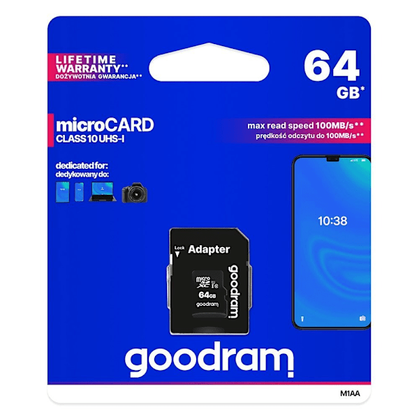 Goodram Microcard 64 GB micro SD XC UHS-I klasse 10 minnekort, SD-adapter (M1AA-0640R12)