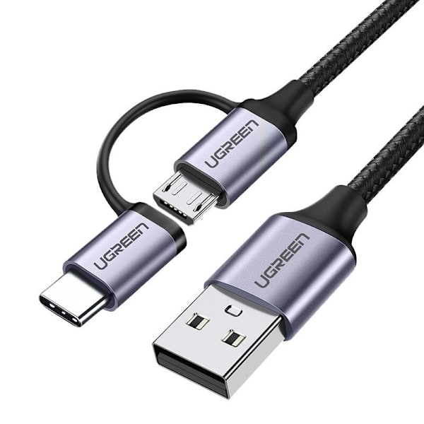 Ugrønn kabel 2-i-1 USB - mikro-USB / USB Type C 1m 2.4A svart (30875)