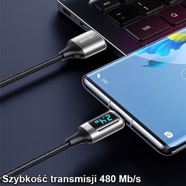 USAMS Flätad kabel U78 USB-C 1,2m LED 6A Snabbladdning svart/svart SJ544USB01 (US-SJ544)