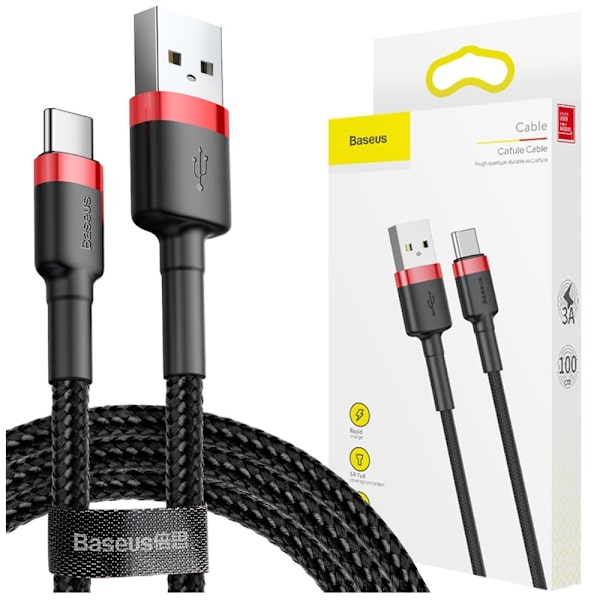 Baseus Cafule-kabel slitesterk nylonkabel USB / USB-C QC3.0 2A 2M svart-rød (CATKLF-C91)