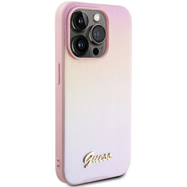 Guess Saffiano Iridescent Script-deksel til iPhone 15 Pro - Rosa