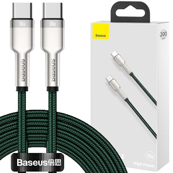 Baseus Cafule Metal Datakabel USB Type C - USB Type C 100 W (20 V / 5 A) Strømforsyning 2 m grønn (CATJK-D06)