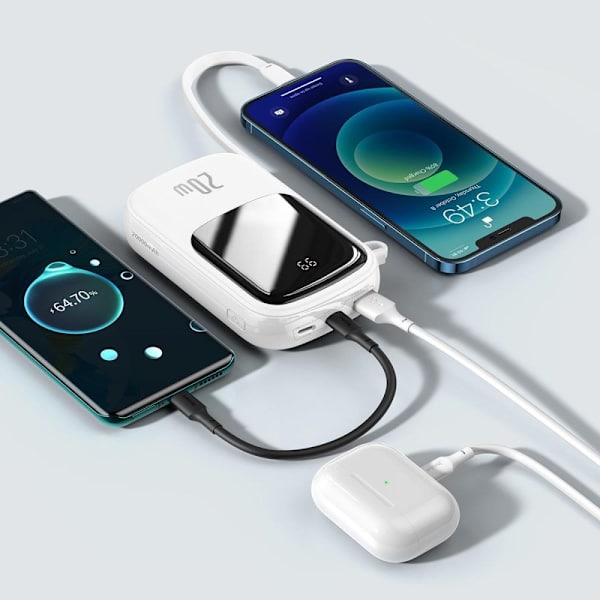 Baseus Qpow Digital Display strømbank med hurtiglading 20000mAh 20W QC/PD/SCP/FCP med innebygd Lightning-kabel hvit