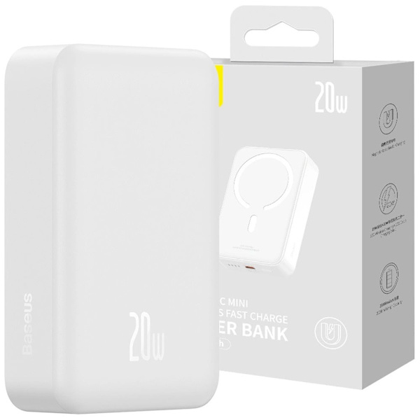 Baseus Magnetic Mini 20000 mAh 20W batteri - hvit + USB-C / USB-C-kabel