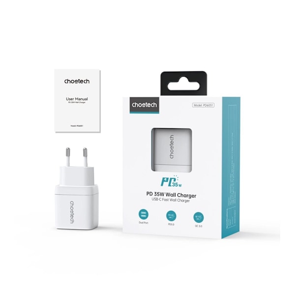 Choetech PD6051 2x USB-C PD 35W GaN vegglader med skjerm - hvit