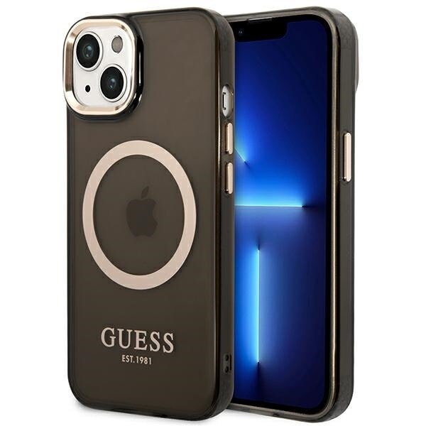 Guess GUHMP14MHTCMK iPhone 14 Plus 6.7 svart/svart hardt deksel Gold Outline gjennomsiktig MagSafe