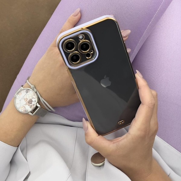 Fashion Case-deksel til iPhone 12 Pro Max, geleskall med gyllen ramme, lilla