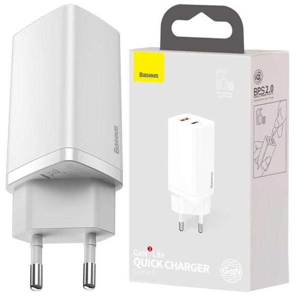 Baseus GaN2 Lite hurtiglader 65 W USB / USB Type C Quick Charge 3.0 Strømforsyning (galliumnitrid) hvit (CCGAN2L-B02) Vit