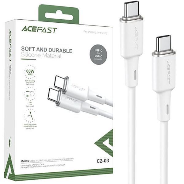 ACEFAST KABEL LANGT STÆRKT USB C - USB C 1,2M 60W (20V/3A) HVID