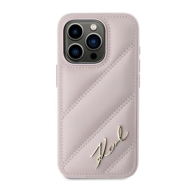 KARL LAGERFELD DIAGONAL QUILTED SCRIPT COVER TIL IPHONE 15 PRO - PINK