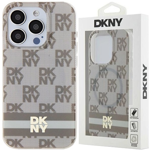 DKNY IML rutete monomønster og trykte striper MagSafe-deksel til iPhone 15 Pro - Beige