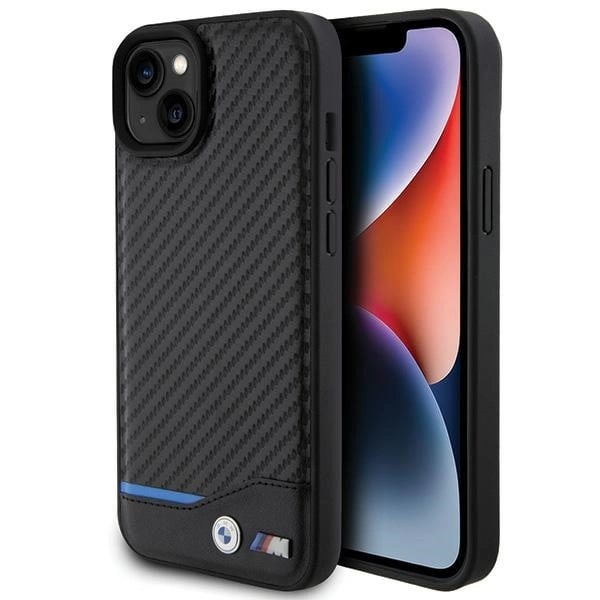 BMW LÆDER CARBON ETUI TIL IPHONE 15 PLUS - SORT