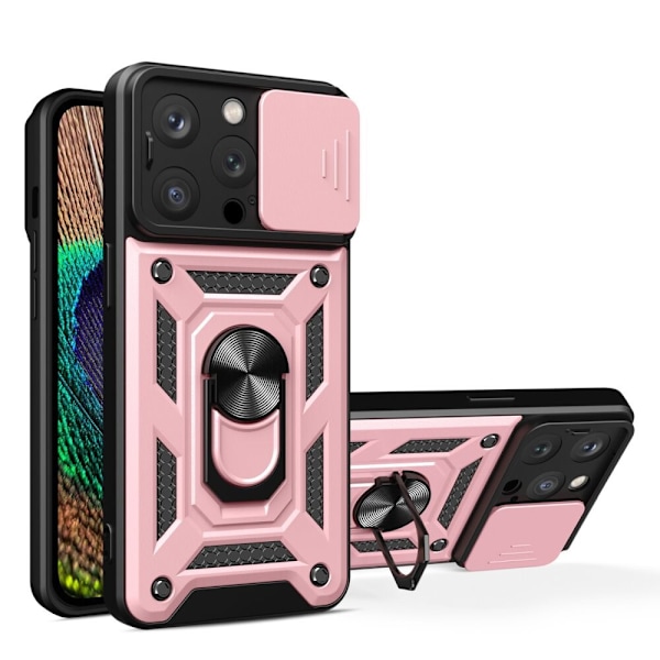 Armor-deksel med stativ og kameradeksel til iPhone 15 Pro Max Hybrid Armor Camshield - rosa