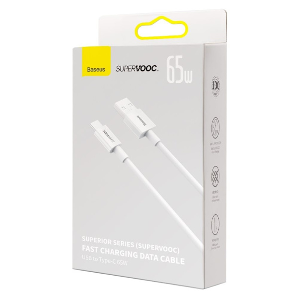 Baseus Superior Series SUPERVOOC USB-A-USB-C-kabel 65W 1m hvit
