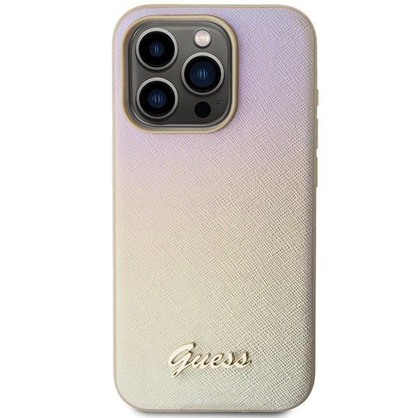Guess Saffiano Iridescent Script-deksel til iPhone 14 Pro Max - Gull