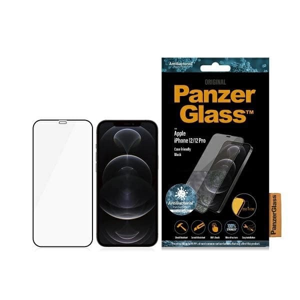 PANZERGLASS E2E SUPER+ MICROFRACTURE ANTIBAKTERIELT HÆRDET GLAS TIL IPHONE 12 / 12 PRO - MED SORT RAMME Transparent