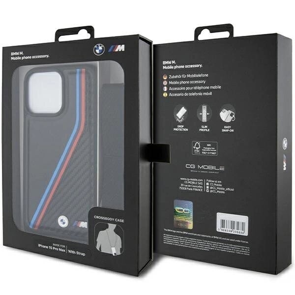 BMW M Edition Carbon Tricolor Lines & Strap Deksel til iPhone 15 Pro Max - Svart