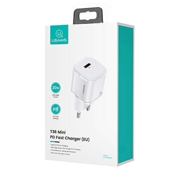 USAMS Lad. nätverk. 1xUSB-C T36 mini 20W + USB-C-Lightning-kabel vit/vit PD3.0 Snabbladdning XFKXLOGTL02 (US-CC124+US-SJ484)