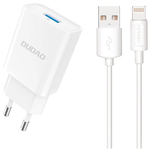 Dudao A4EU USB-A 2.1A vegglader - hvit + USB-A - Lightning-kabel