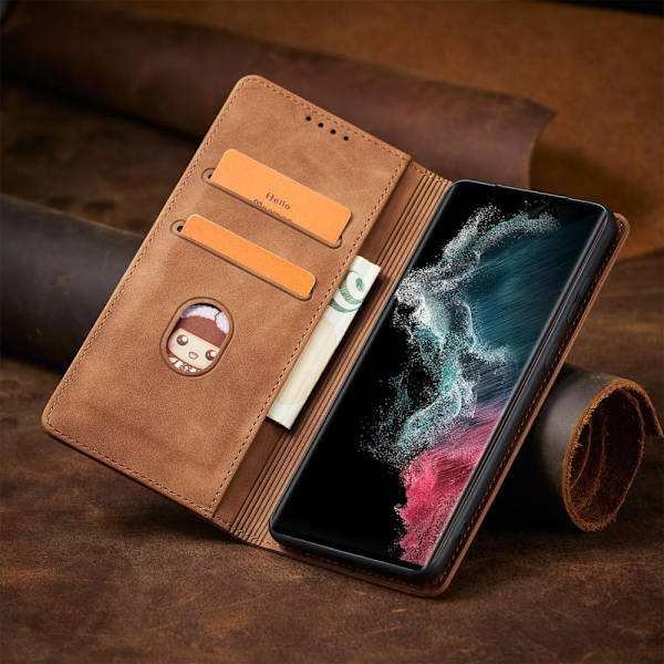 Magnet Fancy Case Case for Samsung Galaxy S22 Ultra Card Lommebokbeskyttelse? brunt stativ