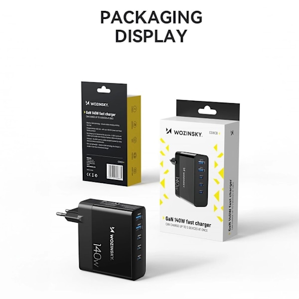 Wozinsky CGWCB 140W GaN vegglader 3 x USB-C / 2 x USB-A - svart