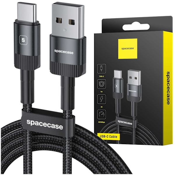 Utrymdsfodral Usb-C Till Usb Typ C-Kabel 1M 3A Svart För Snabbladdning