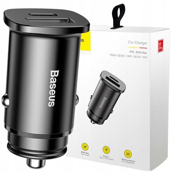 BASEUS SMART BILOPLADER MED USB OG USB-C-PORTE SORT Sort