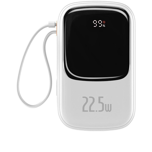 Baseus Qpow Digital Display Powerbank med hurtiglading 20000mAh 22,5W QC/PD/SCP/FCP med innebygd USB-C-kabel hvit