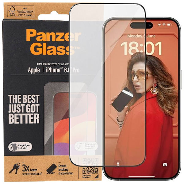 PanzerGlass Ultra-Wide Fit herdet glass med holder for iPhone 15 Pro