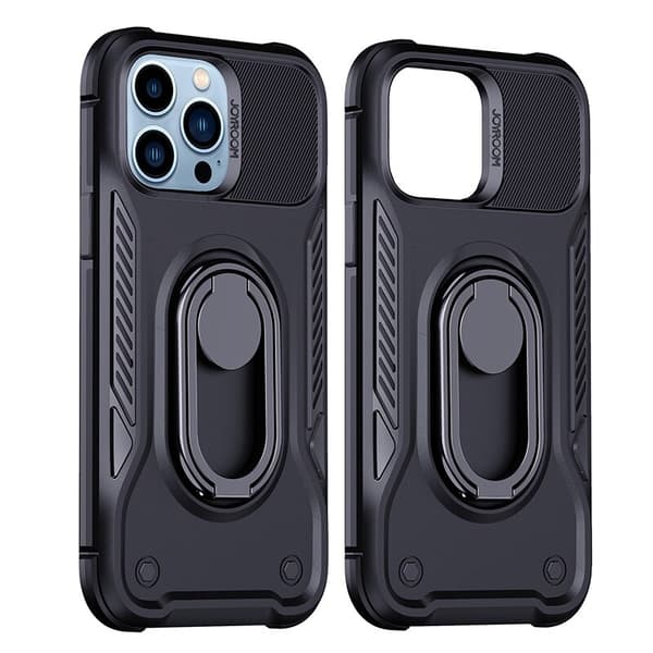 Joyroom Dual Hinge iPhone 14-deksel, pansret deksel med stativ, ringholder, sort