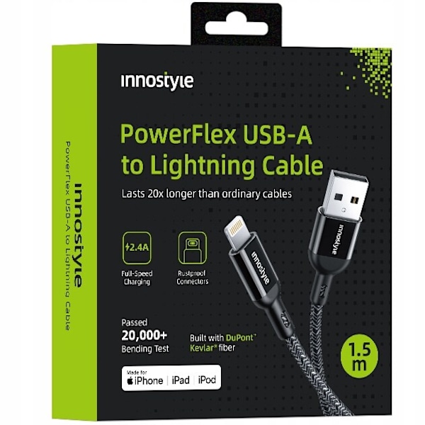 Innostyle Powerflex USB Lightning MFI Hurtigladningskabel for iPhone Kevlar 1,5m