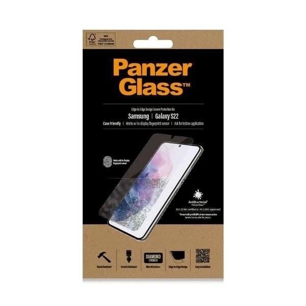 PANZERGLASS E2E MICROFRACTURE ANTIBAKTERIELT GLAS TIL SAMSUNG GALAXY S22 - MED SORT RAMME