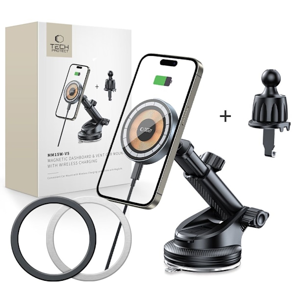 TECH-PROTECT MM15W-V5 MAGNETISK MAGSAFE DASHBOARD & VENT BILMONTERING TRÅDLØS OPLADER 15W SORT