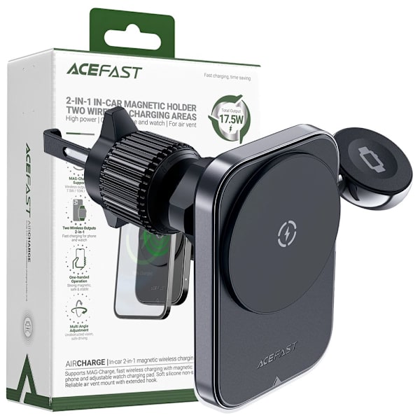 ACEFAST BILHOLDER MED INDUKTIV OPLADER/QI+USB KABEL USB-C SORT