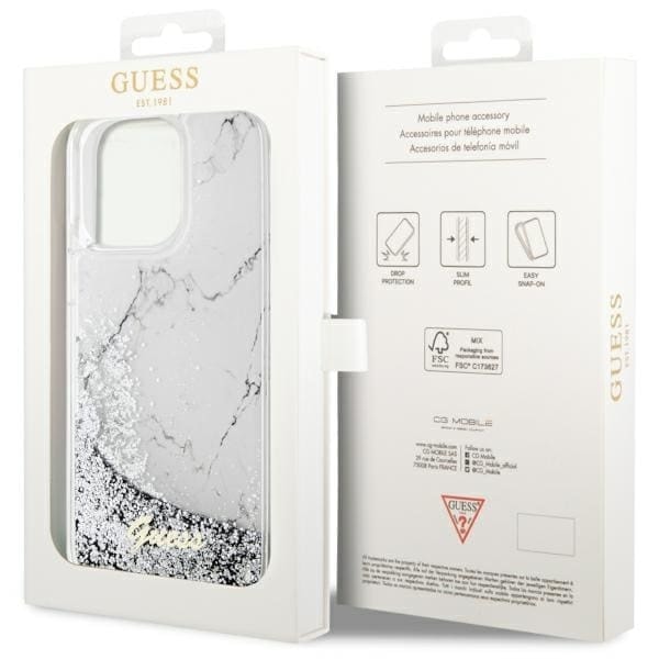 Guess GUHCP14XLCSGSGH-deksel til iPhone 14 Pro Max 6.7 - hvit flytende glittermarmor