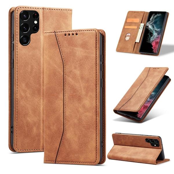 Magnet Fancy Case Case for Samsung Galaxy S22 Ultra Card Lommebokbeskyttelse? brunt stativ