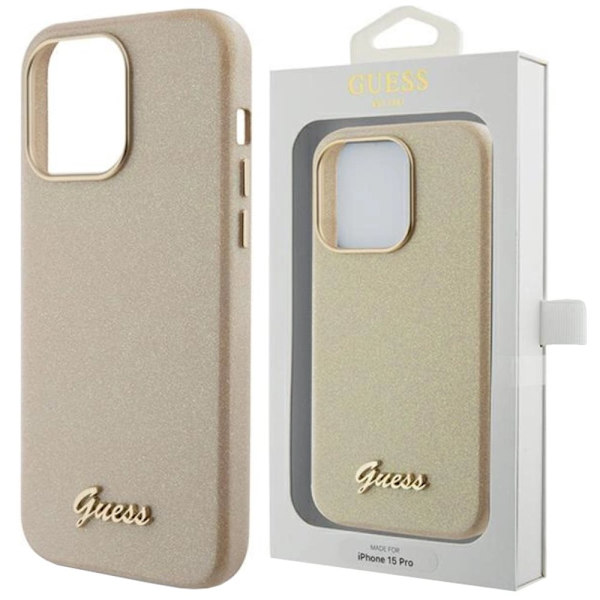 Guess Glitter Glossy Script-deksel til iPhone 15 Pro Max - Gull