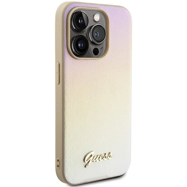 Guess Saffiano Iridescent Script-deksel til iPhone 15 Pro Max - Gull