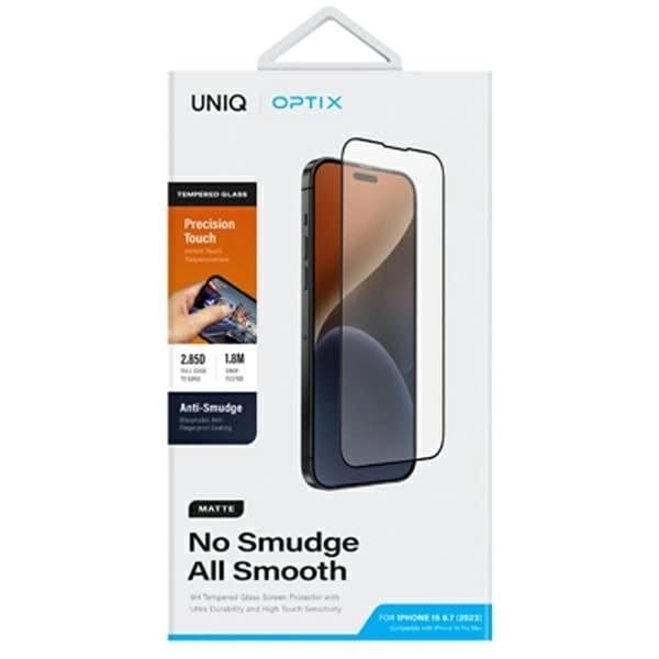 UNIQ Optix matt frostet herdet glass for iPhone 15 Plus / 14 Pro Max med applikator