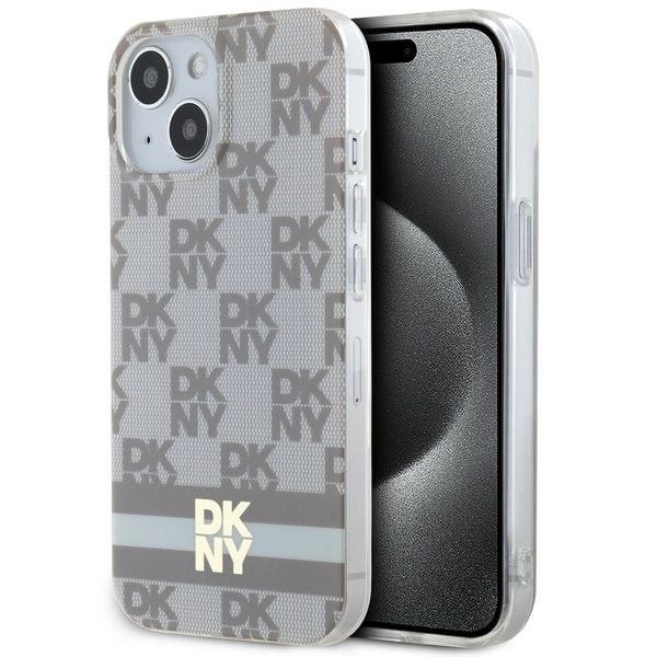 DKNY IML rutete monomønster og trykte striper MagSafe beskyttelsesdeksel iPhone 15 / 14 / 13 - beige